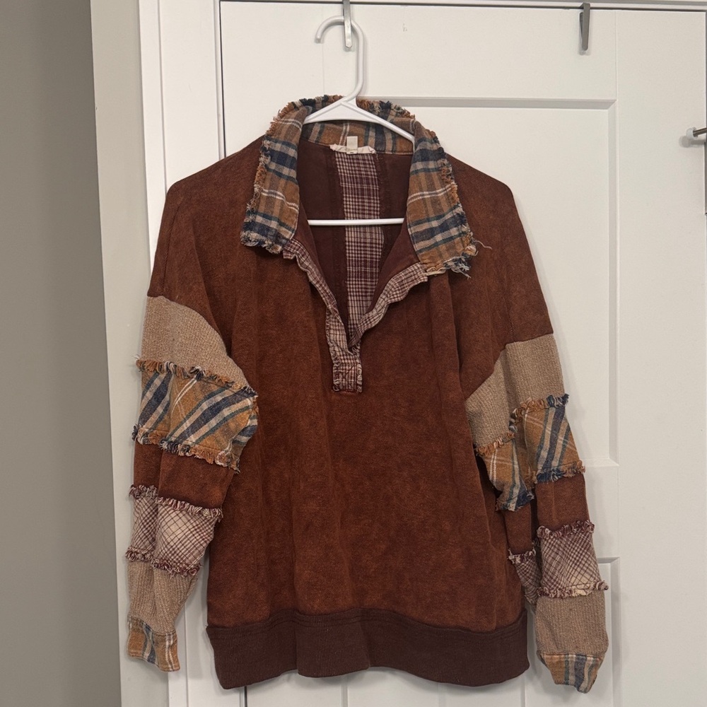 Oliphant Brown Plaid Patchwork Top - image 1